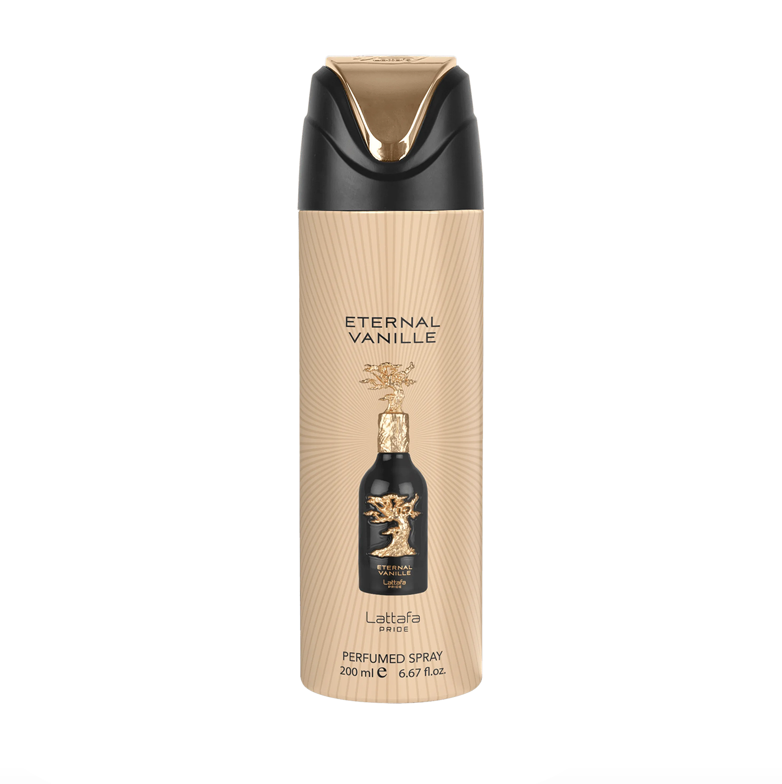 A professional product photograph of the Lattafa Pride Eternal Vanille deodorant bottle (200ml), highlighting its sleek design and the premium, elegant branding of the Lattafa Pride collection against a clean, modern background.