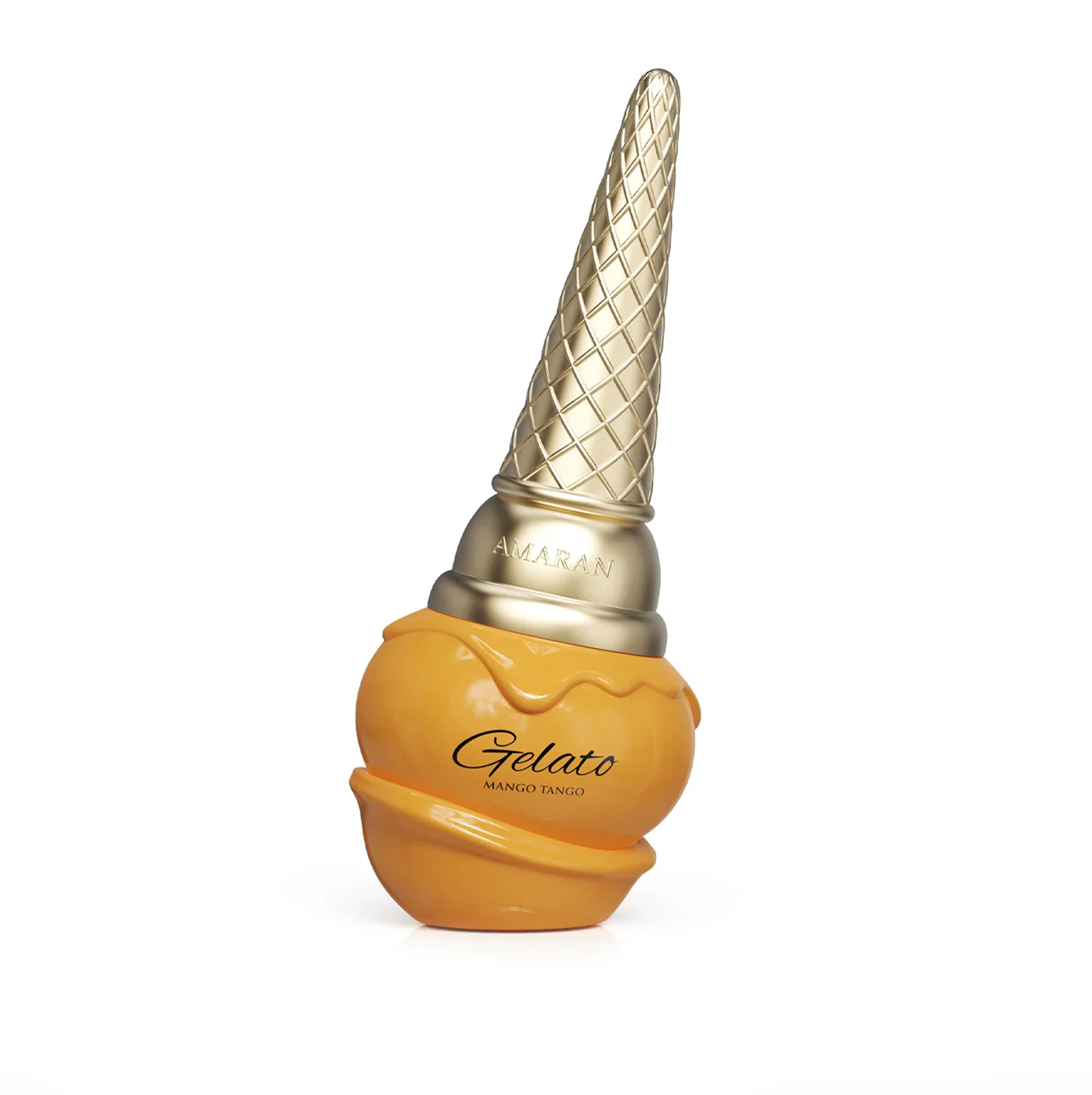 A studio shot of the 100ml perfume bottle, uniquely shaped like an ice cream cone with a golden cone topper and a vibrant orange base.