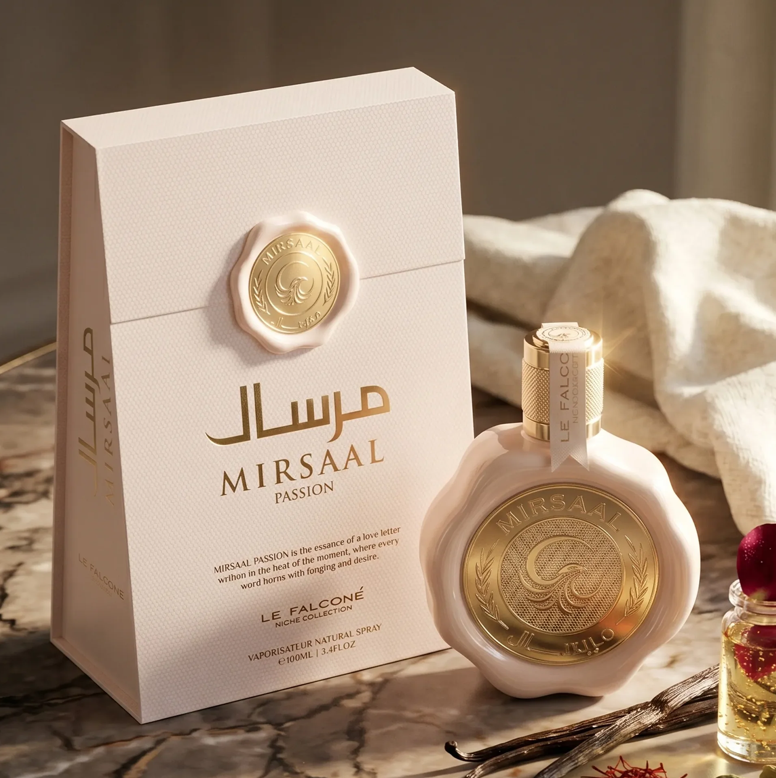 A premium product display of Mirsaal Passion Eau de Parfum, featuring the pale pink, wax-sealed 100ml bottle next to its matching elegant gift box, styled with vanilla beans and aromatic accents on a marble surface.