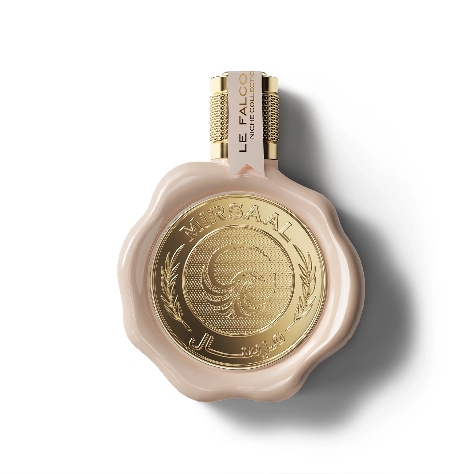 Close-up of the Le Falconé Mirsaal Passion 100ml bottle with its unique wax-seal design. A clean studio shot of the Mirsaal Passion 100ml bottle, highlighting its soft pink hue, the iconic wax-seal-inspired golden emblem, and the intricate craftsmanship of the cap.