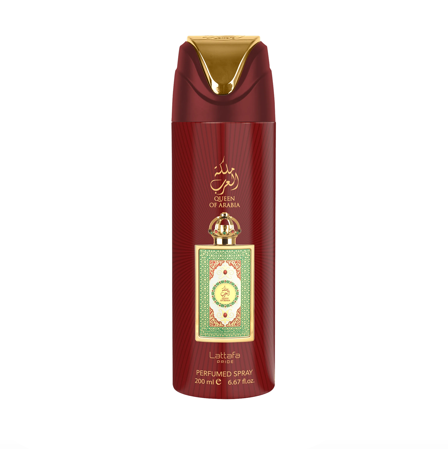 A professional product photograph of the Lattafa Pride Queen of Arabia deodorant bottle (200ml), highlighting its sleek design and the premium, elegant branding of the Lattafa Pride collection against a clean, modern background.