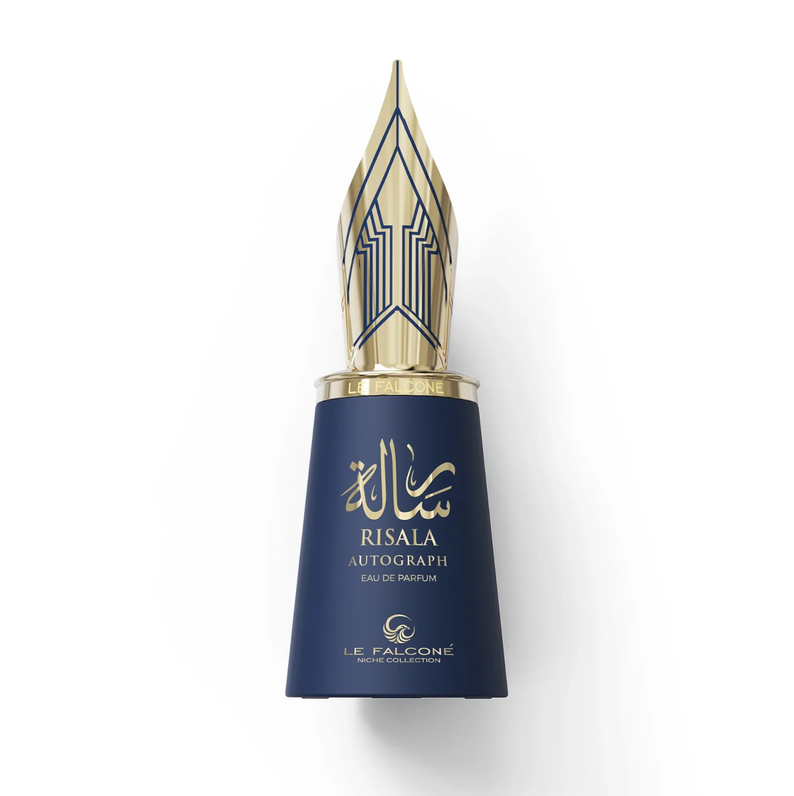 Le Falconé Risala Autograph 100ml perfume bottle with golden fountain-pen-nib cap. Studio shot of the dark blue Risala Autograph 100ml bottle, highlighting the sleek silhouette and the distinctive golden cap shaped like a fountain pen nib.