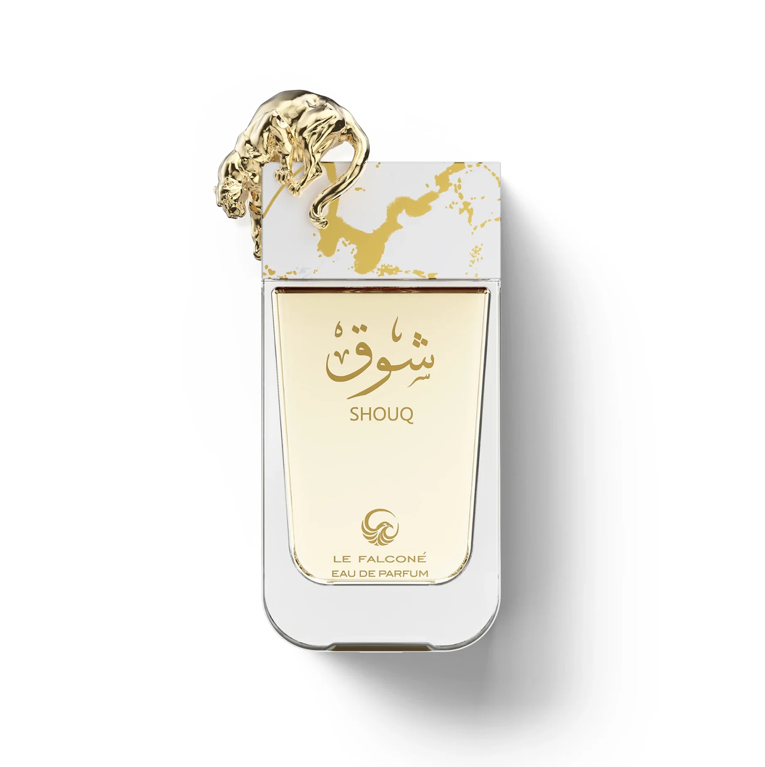 An elegant studio shot of the Le Falconé Shouq 90ml glass bottle, showcasing its sophisticated Arabic calligraphy, clean aesthetic, and the distinct, artistic golden panther sculpture resting on the white and gold marbled cap.