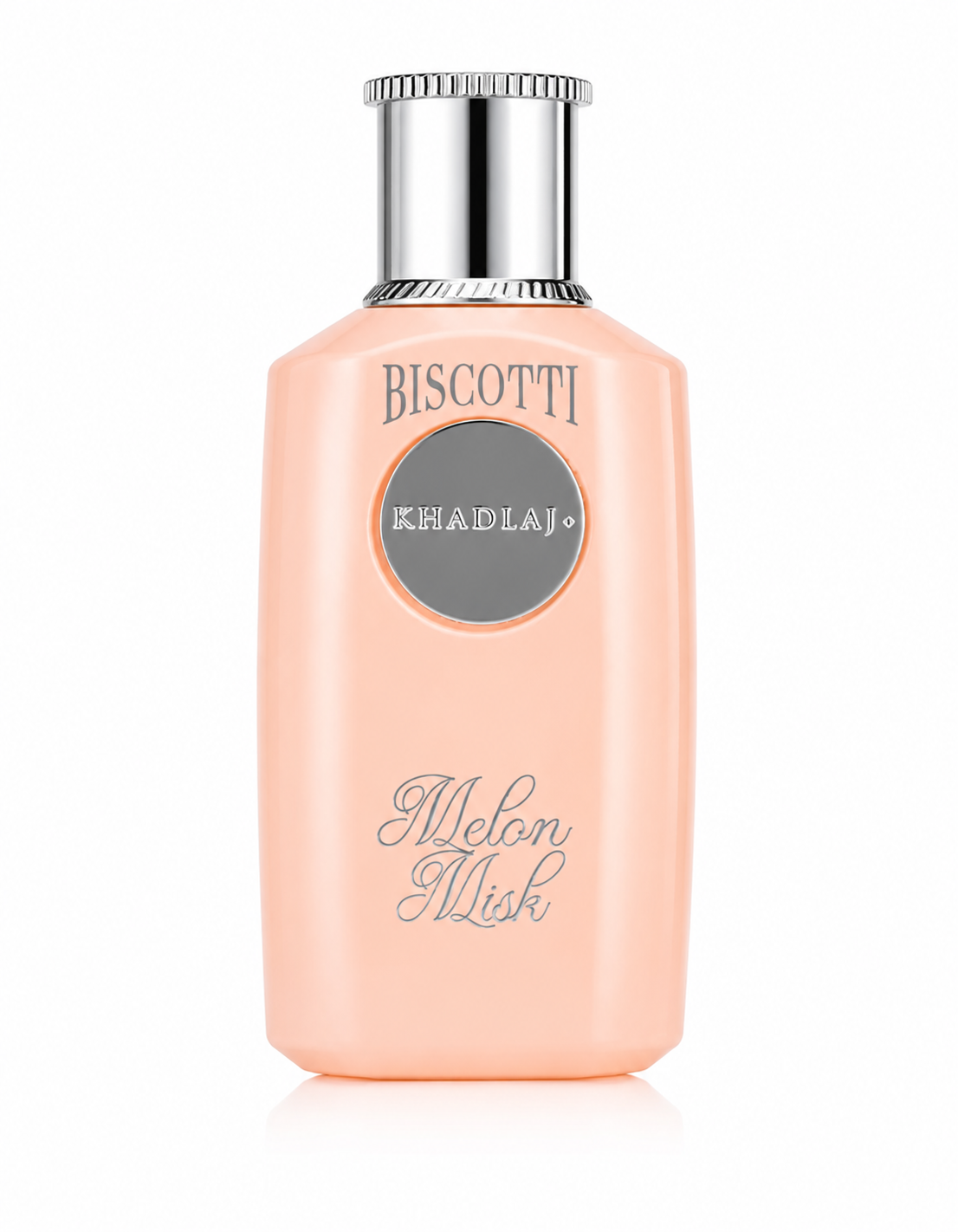 A clean studio shot showcasing the Biscotti Melon Misk by Khadlaj perfume bottle against a pure white background. The soft peach-toned bottle is illuminated with professional lighting, highlighting its elegant curves, glossy finish, and refined silver accents. Premium product photography, luxury fragrance aesthetic.